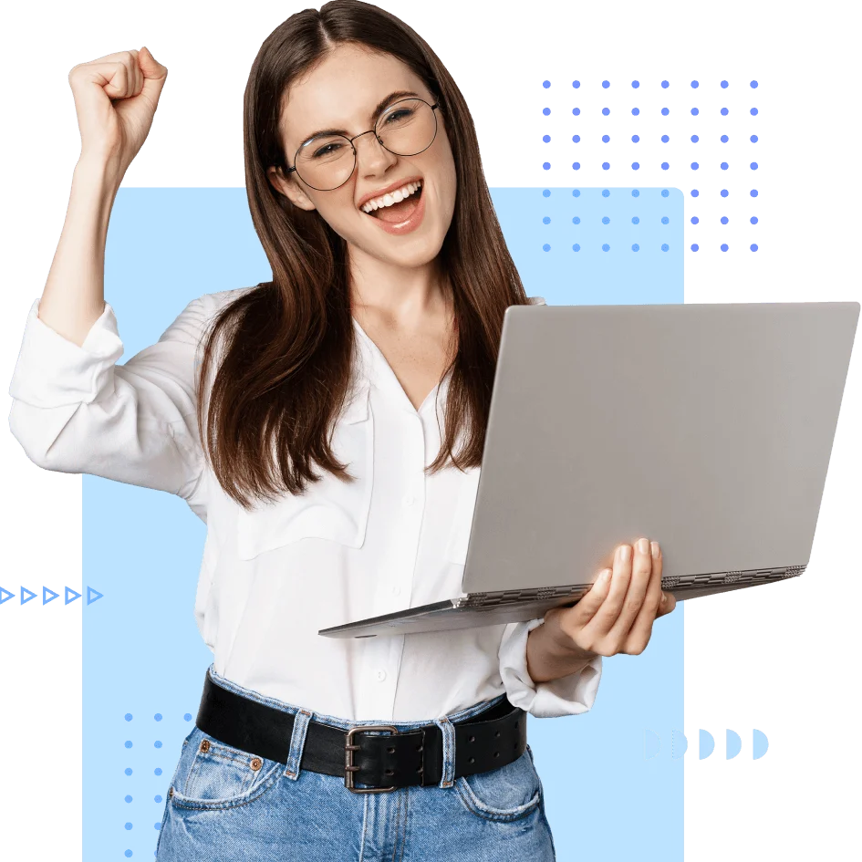 Student celebrating with a laptop